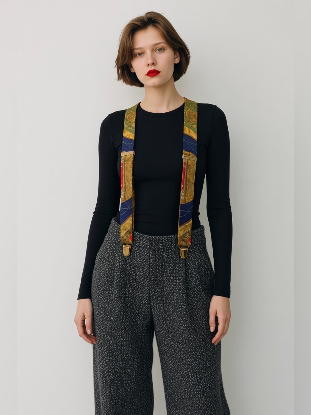 Hermès Vintage Silk Scarf Print Suspenders Blue & Gold